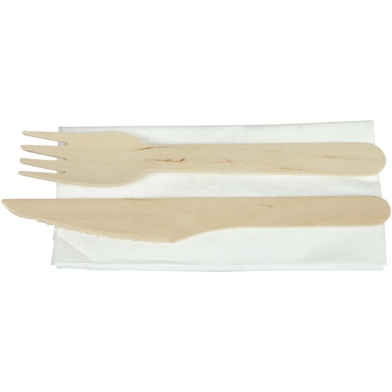 Träbestickset Kniv och gaffel med servett
