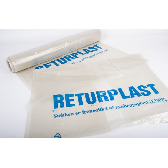 Plastsäck 240L Transp. 450/400x1600mm 50my 10st/rl Knyt lufthål Tryck Returplast 100% återvunnet