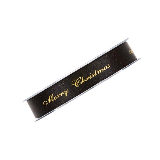 Satinband Merry Christmas 25mm Svart/Guld 25m/rl